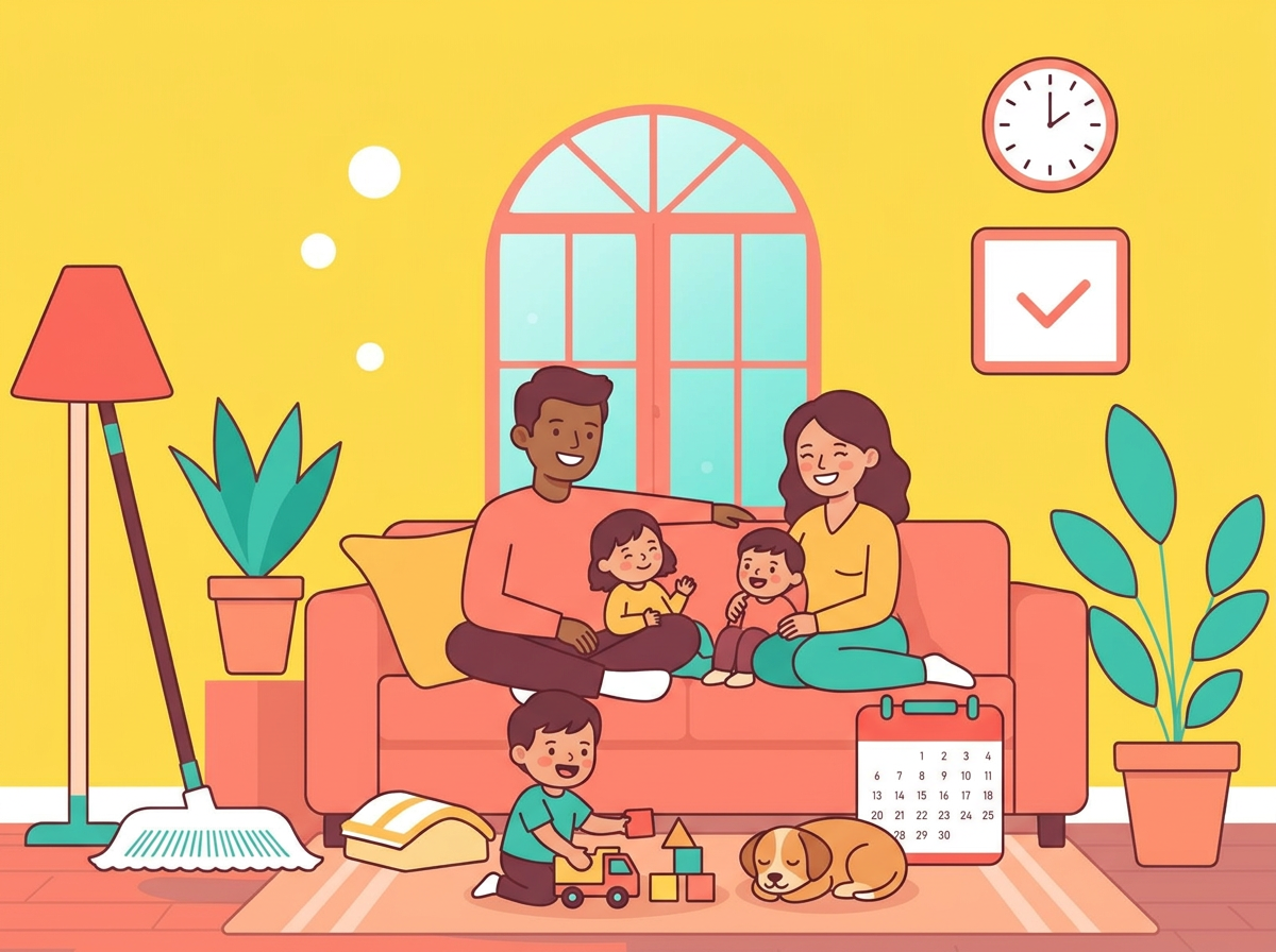 A family relaxing together in a bright, tidy living room